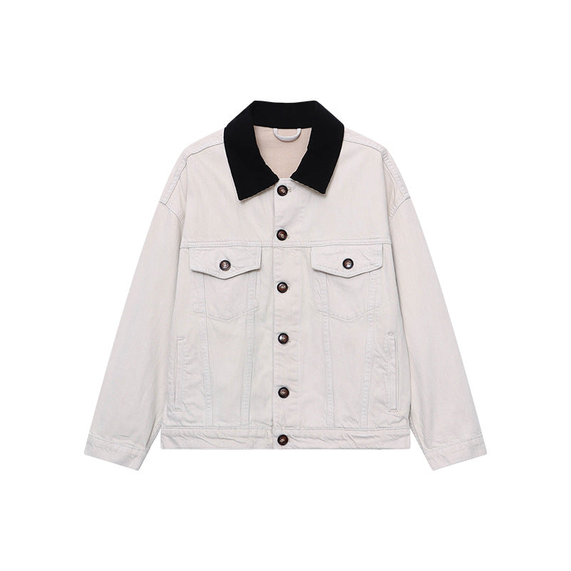 Damen lässige Jeansjacke mit kontrastierendem Kragen und funktionalen Taschen Drune