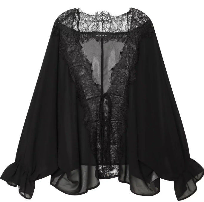 Damen Transparenter Chiffonkimono mit Spitzenbesatz und Volumenärmeln Drune