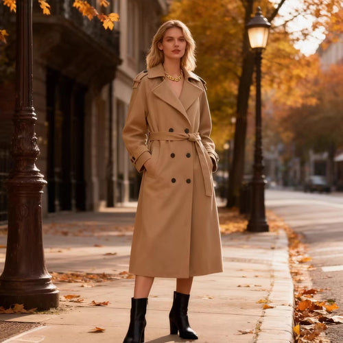 Damen Langer Doppelreiher-Trenchcoat mit Bindegürtel und Schulterriegeln Drune