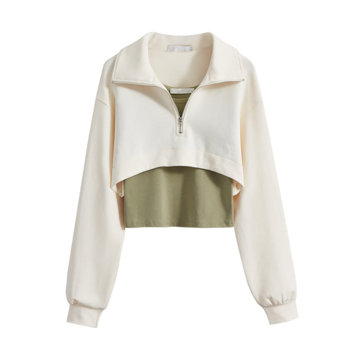 Damen modischer cropped Sweatpullover mit hohem Kragen und Reißverschluss Drune