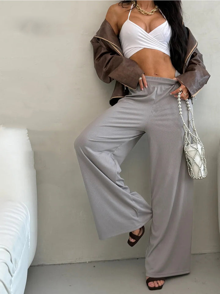 Damen weite High-Waist Palazzo-Hose aus geripptem Jersey mit elastischem Bund Drune