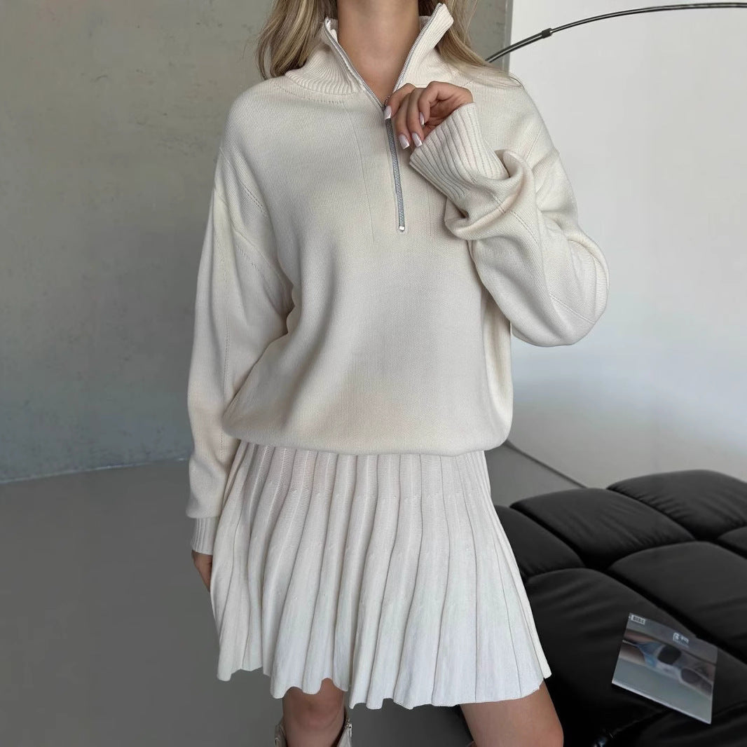 Damen gemütliches Strick-Set mit Reißverschluss-Pullover und plissiertem Rock Drune