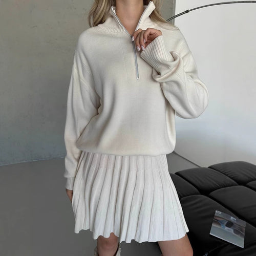 Damen gemütliches Strick-Set mit Reißverschluss-Pullover und plissiertem Rock Drune