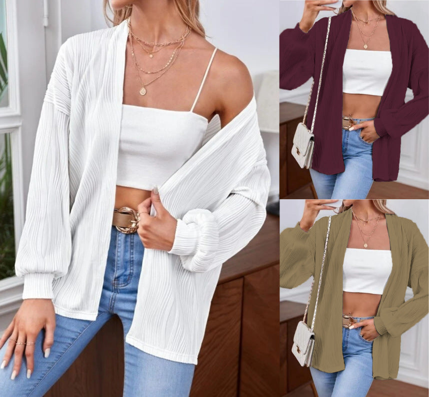 Damen Lässiger Cardigan aus strukturiertem Material mit weiten Ärmeln Drune