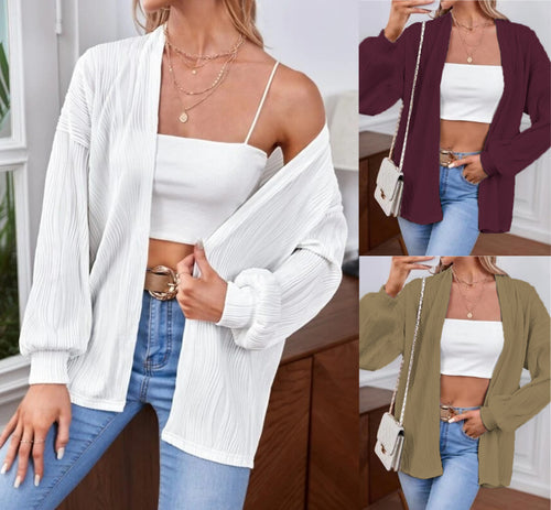 Damen Lässiger Cardigan aus strukturiertem Material mit weiten Ärmeln Drune
