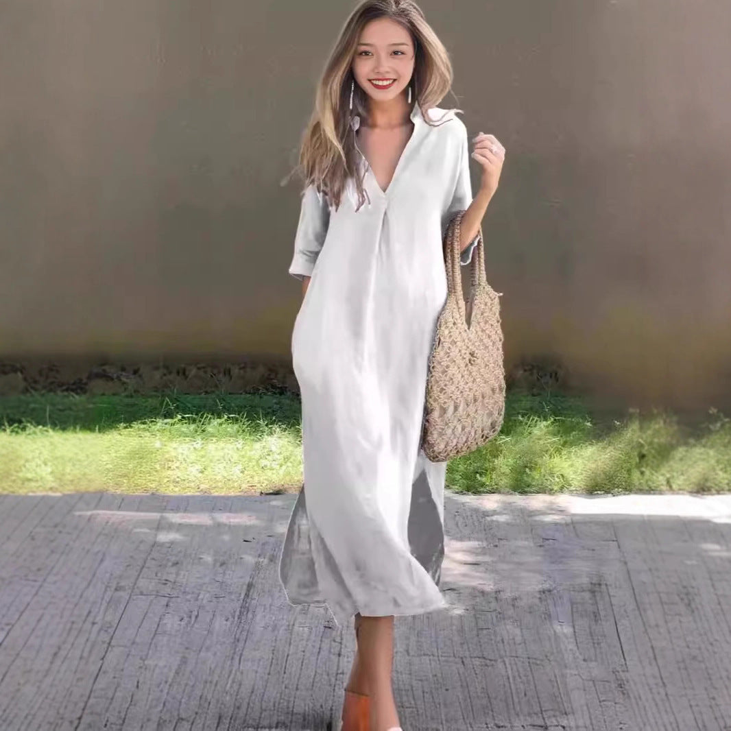 Damen lässiges Maxikleid mit V-Ausschnitt und Halbärmeln Drune