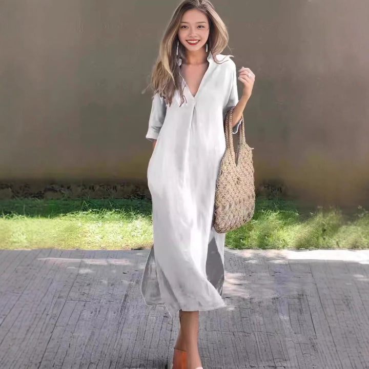 Damen lässiges Maxikleid mit V-Ausschnitt und Halbärmeln Drune