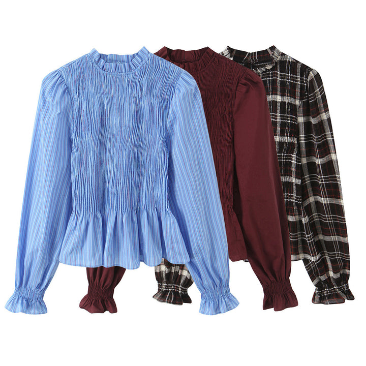 Damen Gestreifte Bluse mit Smok-Front, Stehkragen und Volant-Saum Drune