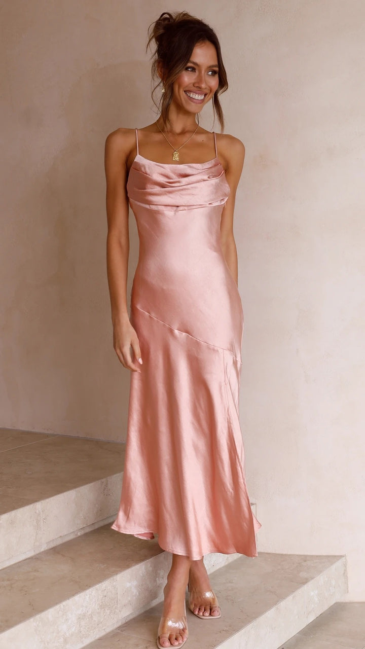 Damen Satin Maxikleid mit elegantem Schlitz und verstellbaren Trägern Drune