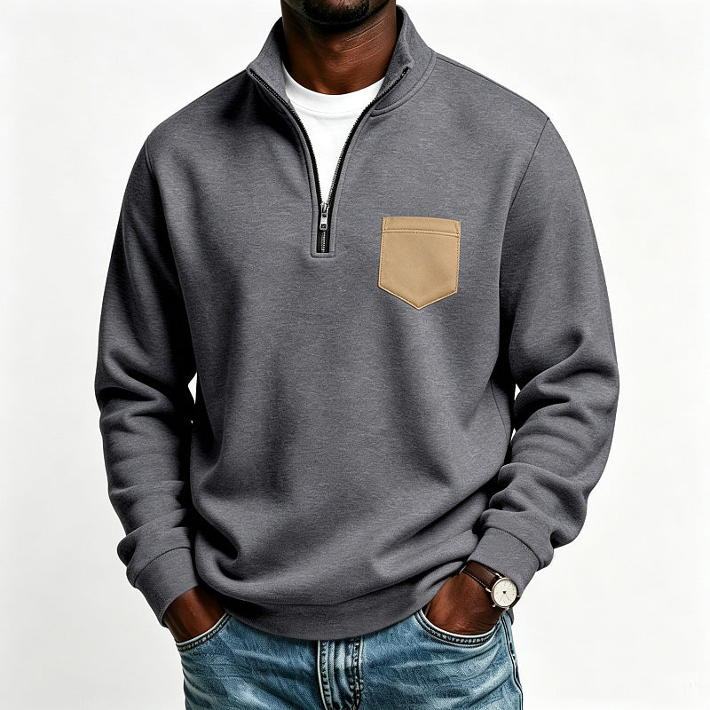Herren Troyer-Sweatshirt mit halbem Reißverschluss und kontrastierter Brusttasche Drune