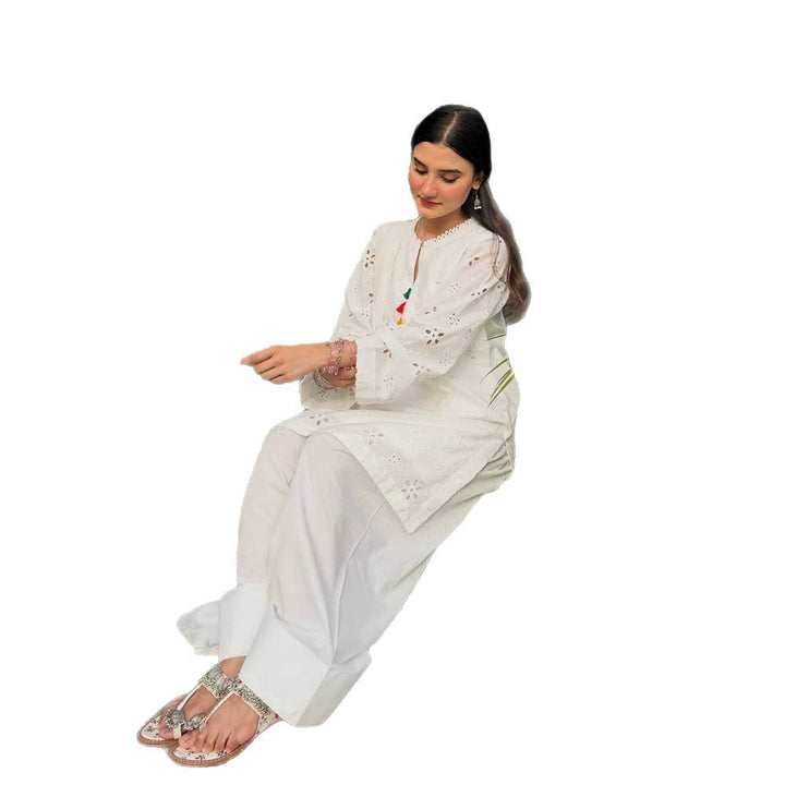 Damen Lockertes Tunika-Set mit Broderie Anglaise und weiten Pluderhosen Drune