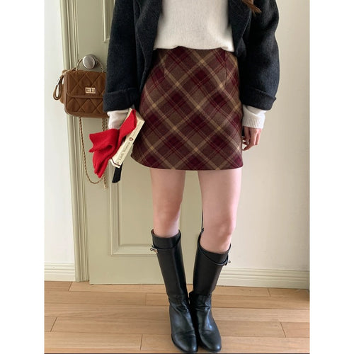 Damen modischer Minirock mit karierter Struktur und seitlichen Taschen Drune