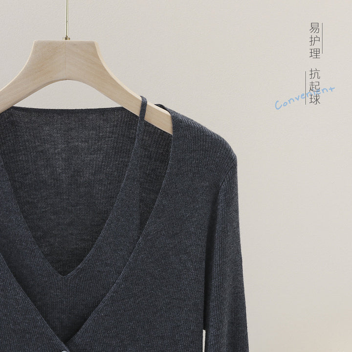 Damen feiner Rippstrick-Cardigan mit integriertem Spaghettitop und tiefem V-Ausschnitt Drune