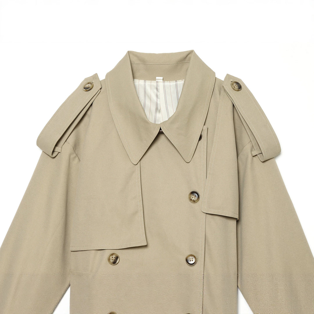 Damen nan kurzgeschnittene Cape-Trenchjacke mit doppelreihiger Knopfleiste und Taillengürtel Drune