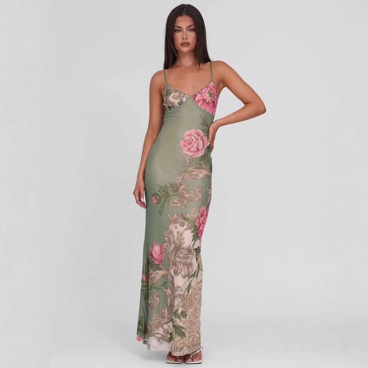 Damen nan figurbetontes Slip-Maxikleid mit Spaghettiträgern, Miedernaht und floral-barockem Digitaldruck Drune