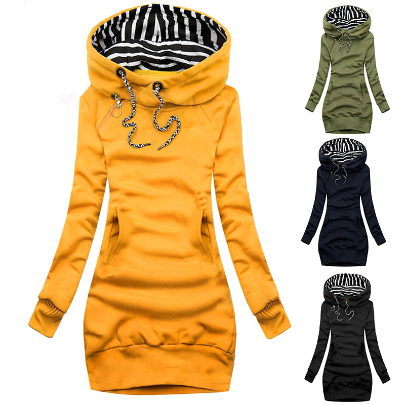 Damen Hoodie-Midi-Kleid mit weitem Funnel-Neck, gestreifter Innenseite und Kängurutaschen Drune