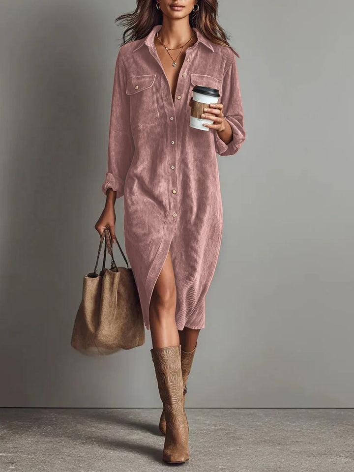 Damen Hemdblusenkleid aus Cord mit Brusttaschen, Knopfleiste und Schlitze Drune
