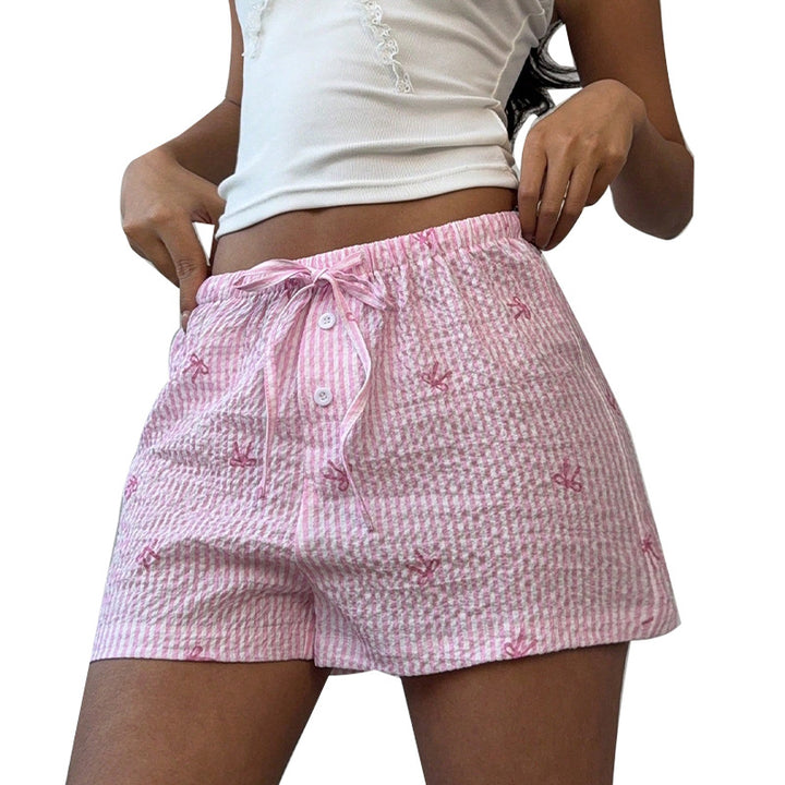 Damen kurze Schlafshorts mit niedlichem Streifenmuster und dekorativer Stickerei Drune