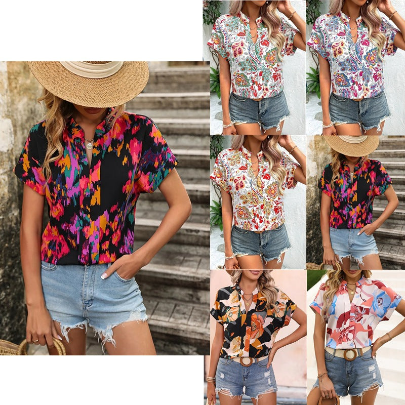 Damen Leichte Oversize Tunika‑Bluse mit Stehkragen, Cap‑Ärmeln und großem Blumenprint Drune