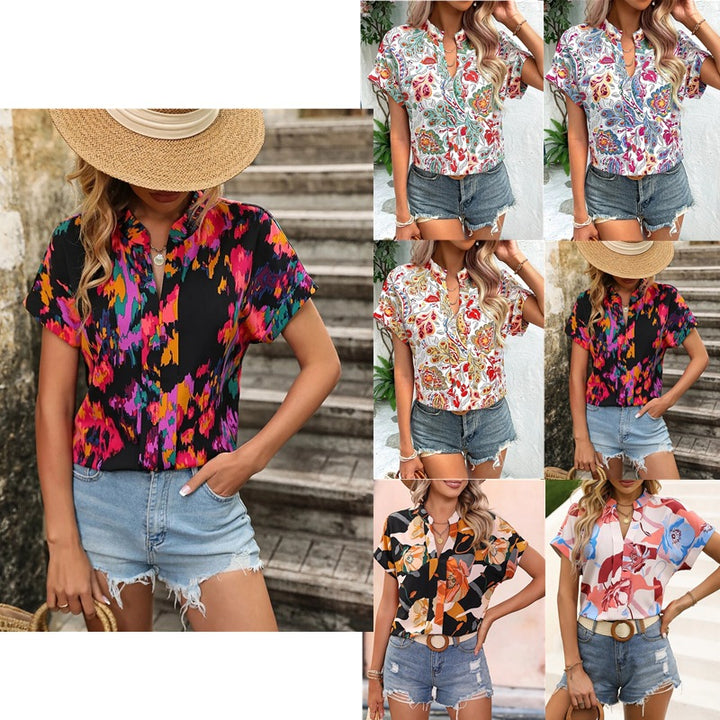Damen Leichte Oversize Tunika‑Bluse mit Stehkragen, Cap‑Ärmeln und großem Blumenprint Drune