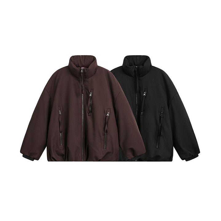 Unisex Weit geschnittene Utility-Fleecejacke mit Stehkragen und mehreren Reißverschlusstaschen Drune