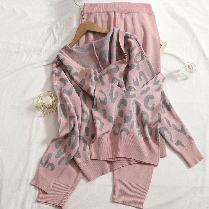 Damen gemütliches Strick-Loungewear-Set mit Leopardenmuster Drune