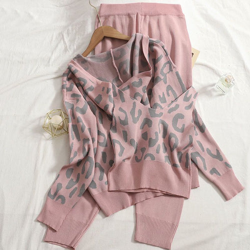 Damen gemütliches Strick-Loungewear-Set mit Leopardenmuster Drune