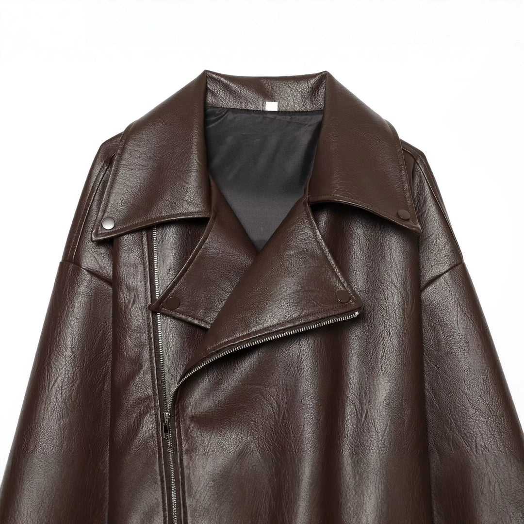 Damen Oversized Bikerjacke aus Kunstleder mit taillierendem Gürtel und asymmetrischem Reißverschluss Drune