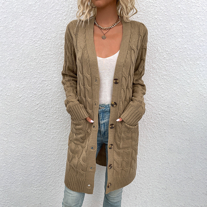 Damen Lange gestrickte Strickjacke mit Kabelmuster Drune