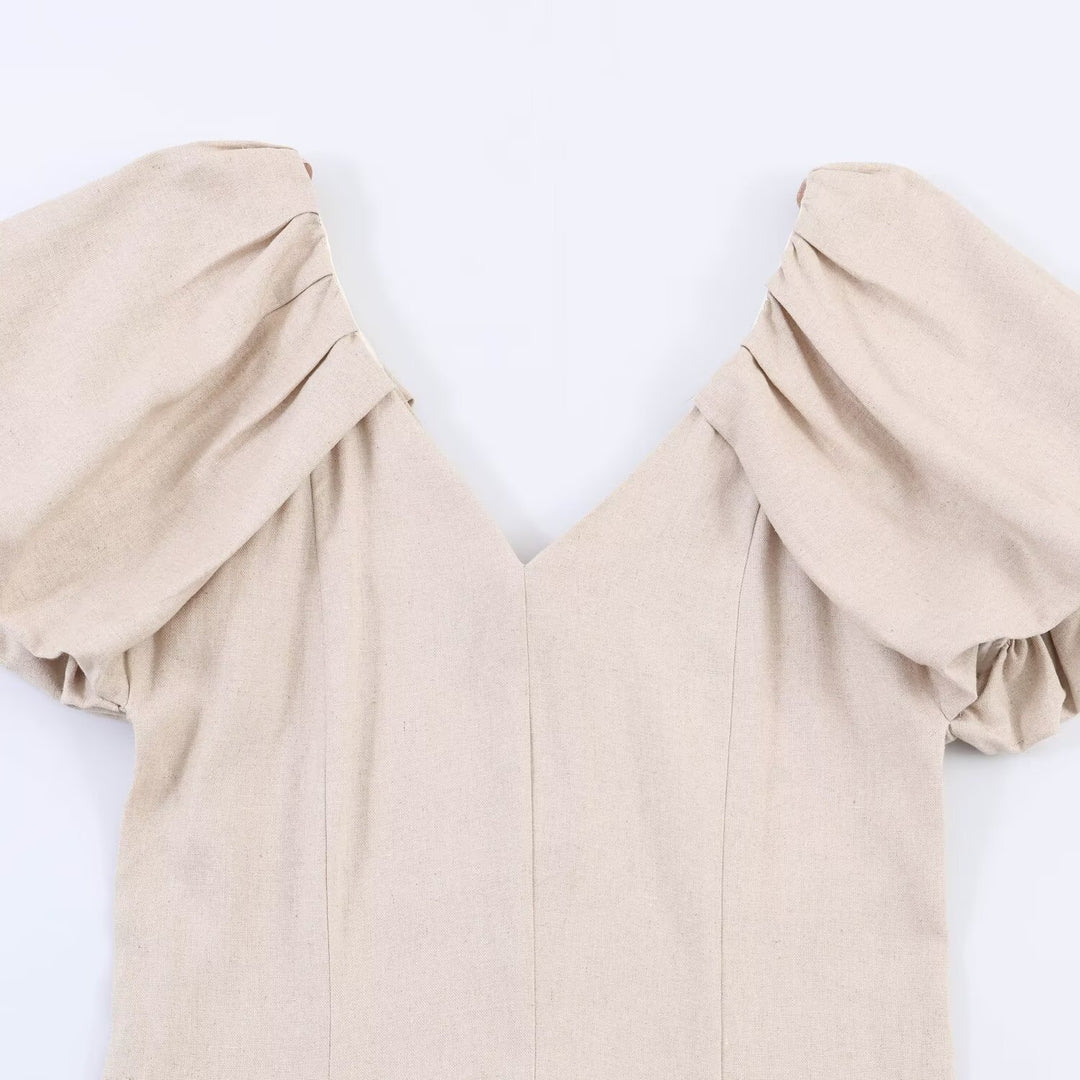 Damen V-Ausschnitt Kleid mit voluminösen Puffärmeln und schwingendem Rock Drune