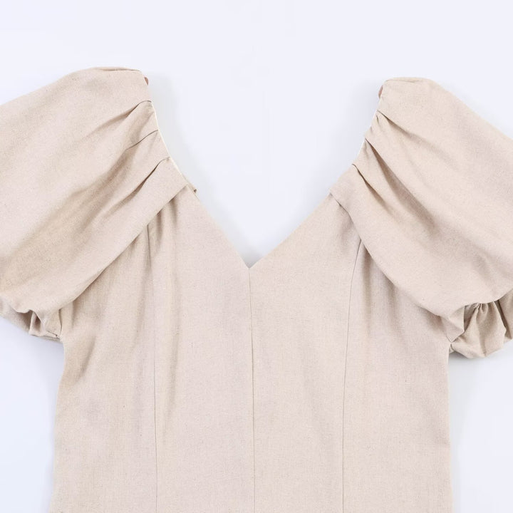 Damen V-Ausschnitt Kleid mit voluminösen Puffärmeln und schwingendem Rock Drune