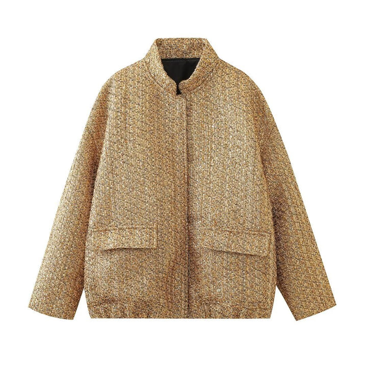 Damen nan kastige Tweedjacke mit kurzem Stehkragen, verdeckter Front und aufgesetzten Pattentaschen Drune