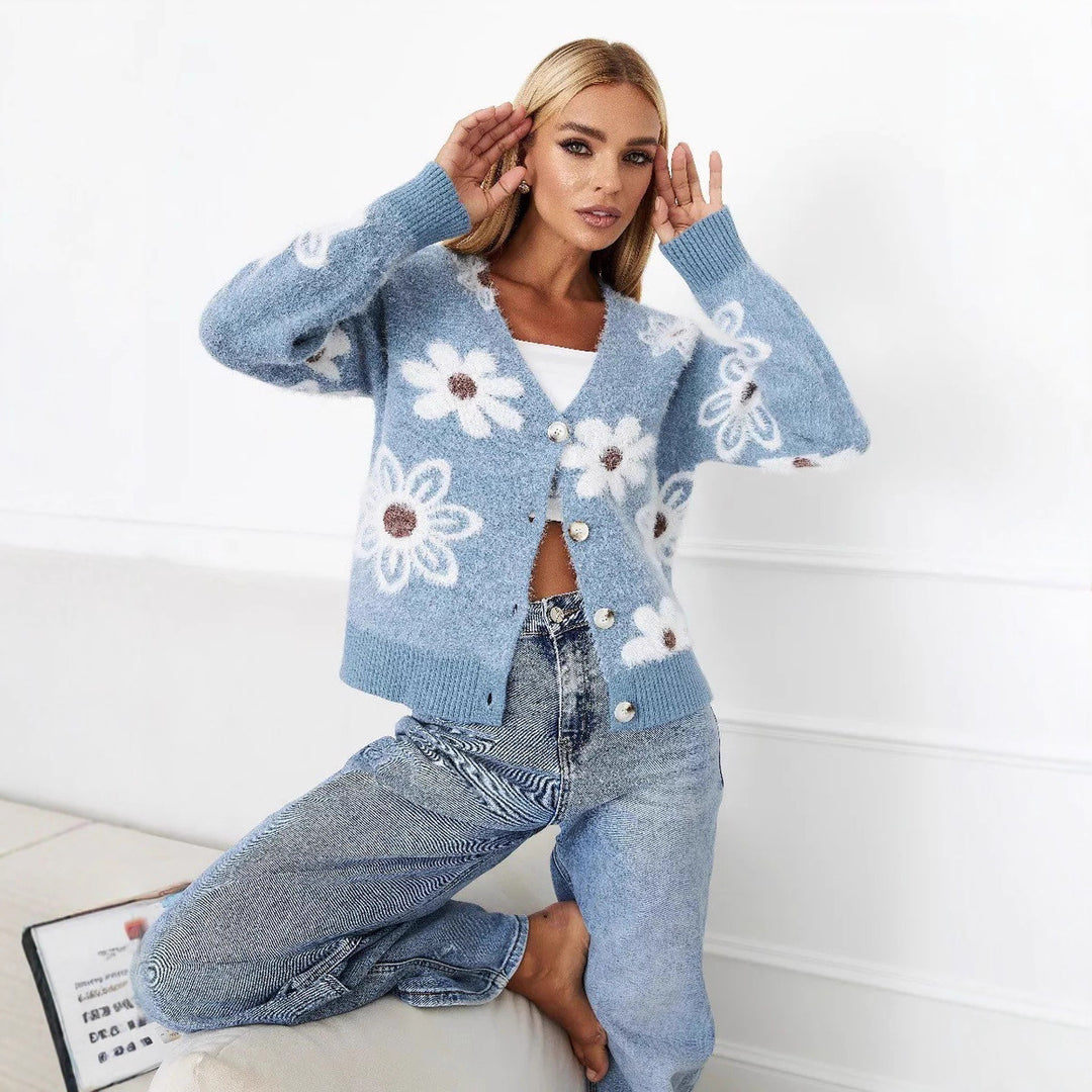 Damen Strickjacke mit floralem Muster und eleganten Knöpfen Drune
