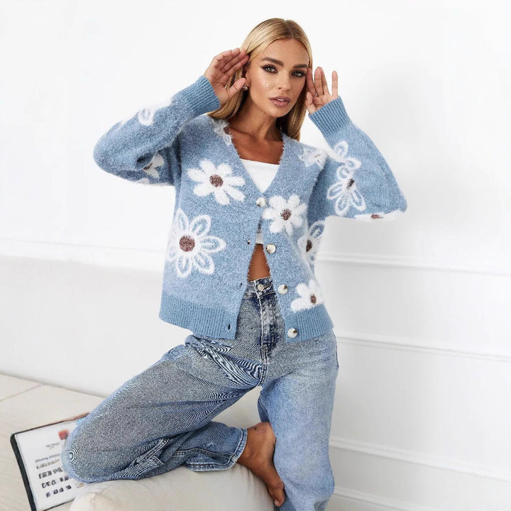 Damen Strickjacke mit floralem Muster und eleganten Knöpfen Drune