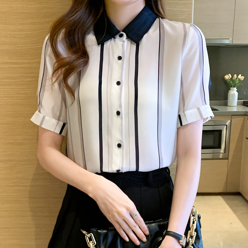 Damen Kurzarm Bluse mit eleganter Streifenmusterung und klassischem Kragen Drune