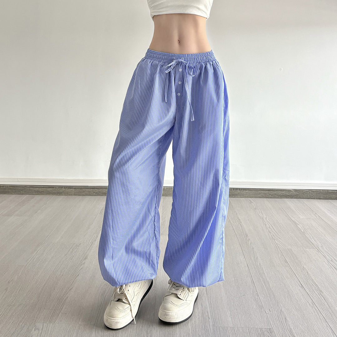Damen Weite Lounge-Hose mit Smokbund, Tunnelzug, Knopfleiste und elastischen Fußbündchen Drune