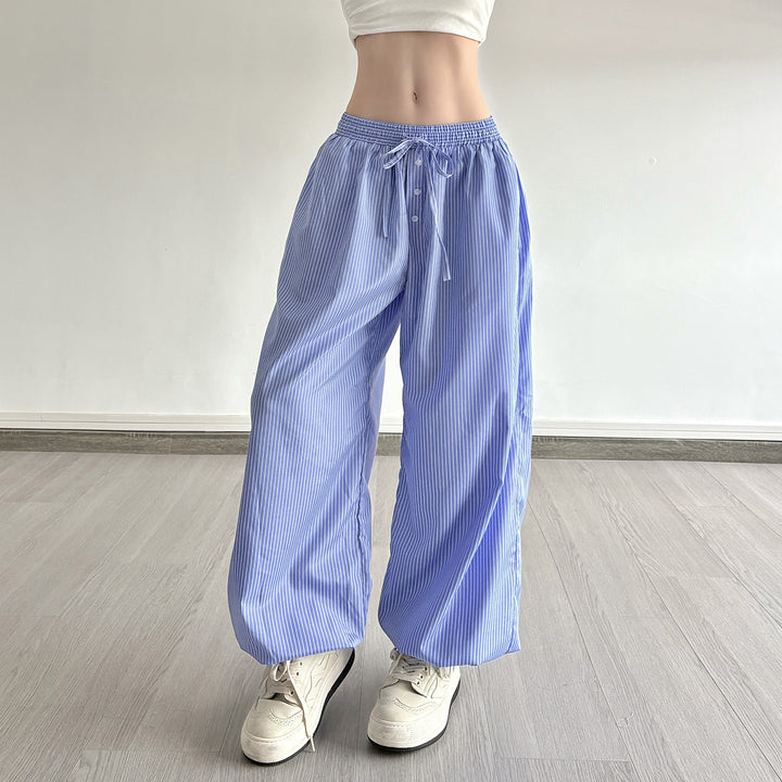 Damen Weite Lounge-Hose mit Smokbund, Tunnelzug, Knopfleiste und elastischen Fußbündchen Drune