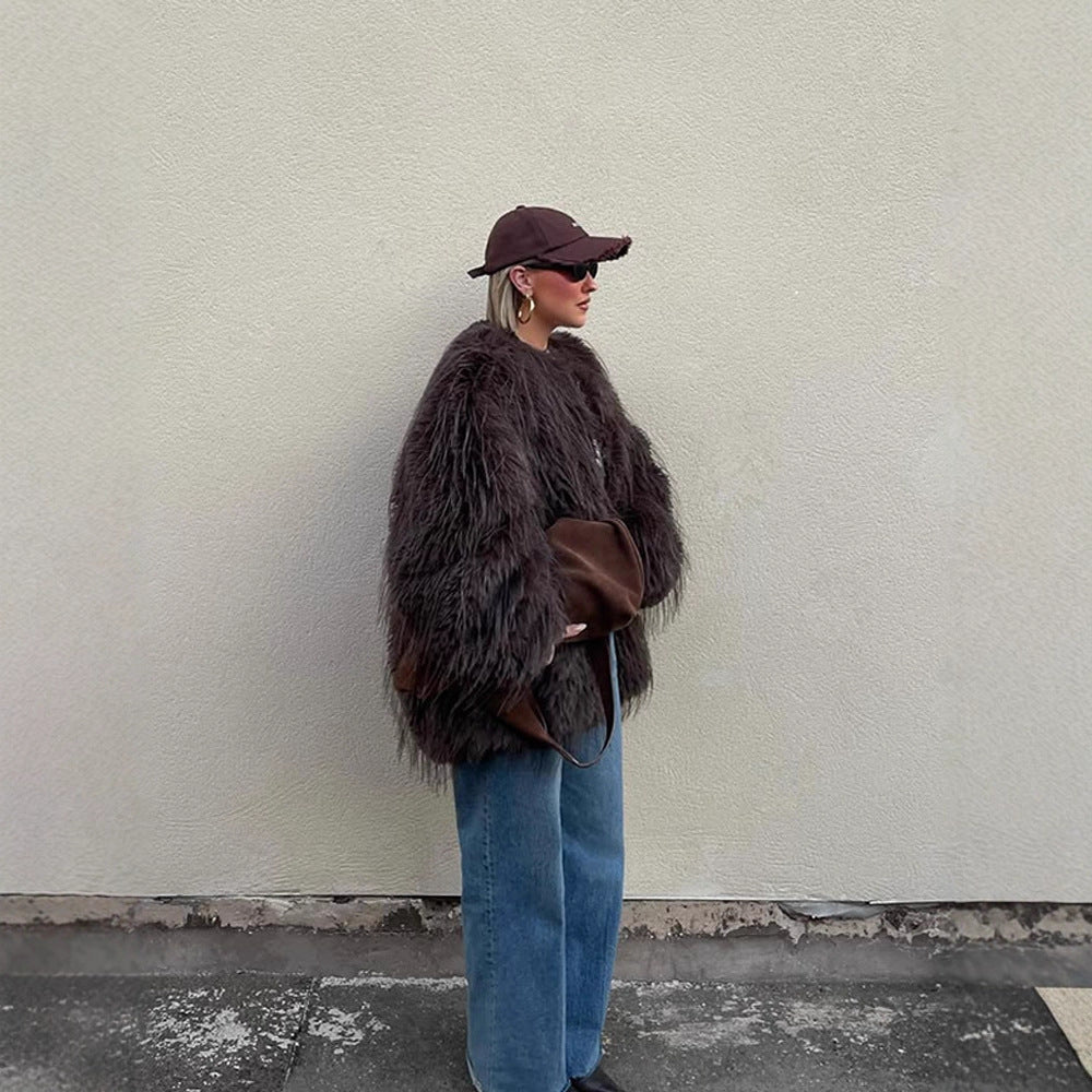 Damen Oversize Kunstpelz‑Mantel mit langfloriger Shag‑Optik und kastiger Silhouette Drune
