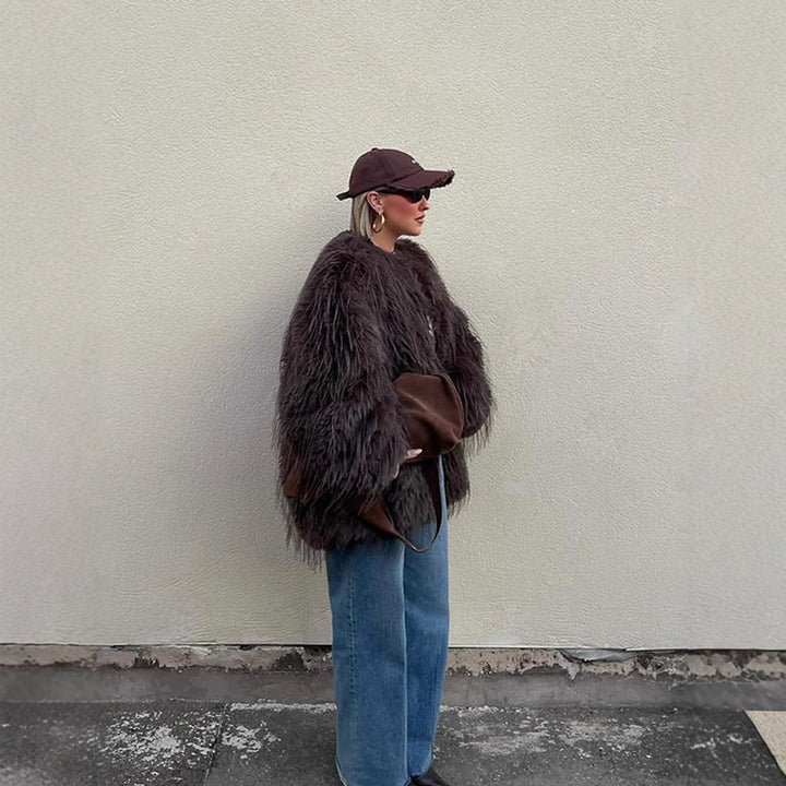 Damen Oversize Kunstpelz‑Mantel mit langfloriger Shag‑Optik und kastiger Silhouette Drune
