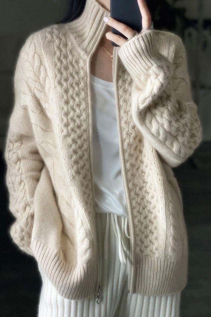 Damen Oversize Zopfmuster-Mockneckpullover aus kuscheligem Mohair‑Look Drune