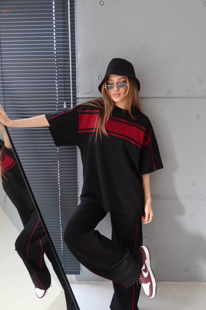 Damen stylisches Sportanzug-Set mit weitem Schnitt und kontrastierenden Streifen