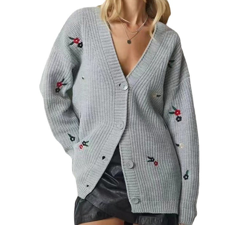 Damen Strickcardigan mit floralen Stickereien Drune