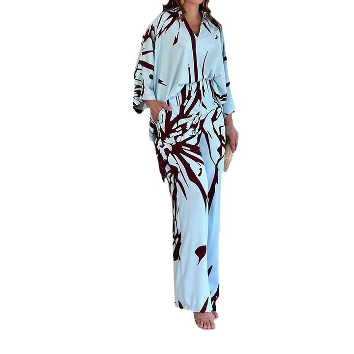 Damen Gemustertes Kimono-Lounge-Set mit weitem Palazzohose aus leichtem Viskose-Mix Drune
