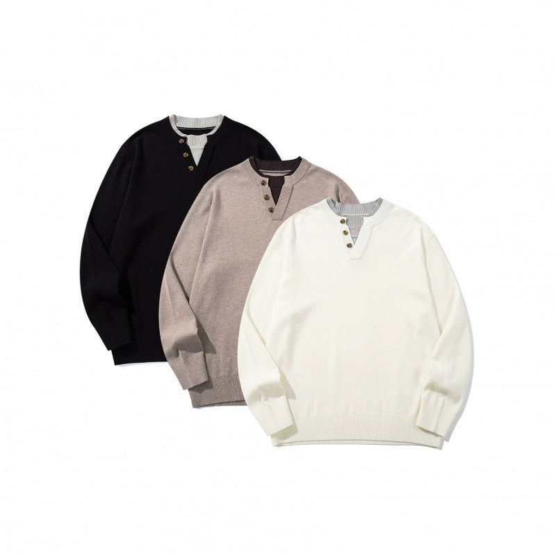 Unisex Strickpullover mit Henley-Knopfleiste, Kontrastkragen und Boxy‑Schnitt Drune
