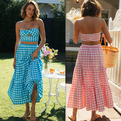 Damen Zweiteiliges Set im Gingham-Stil mit Crop-Top und voluminösem Rock Drune