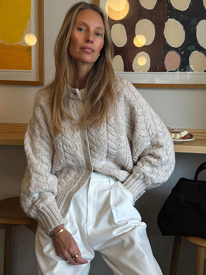 Damen Grobgestrickte Zopfmuster-Strickjacke mit Ballonärmeln Drune