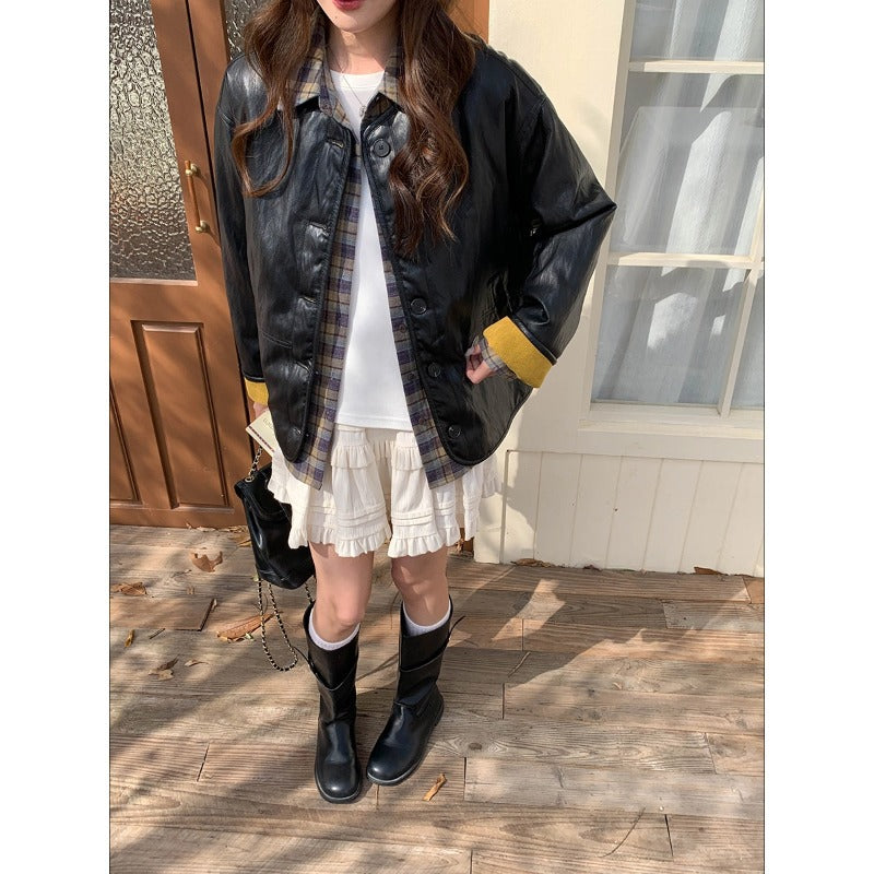 Damen modische Lederjacke mit kariertem Futter Drune