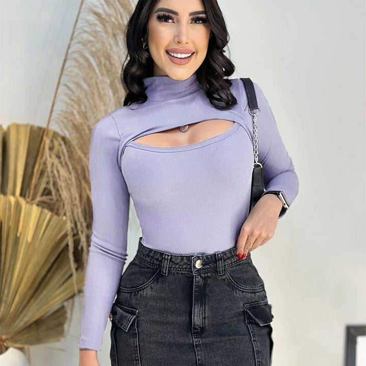 Damen Trendy Langarmoberteil mit Stehkragen und Cut-Out-Details Drune