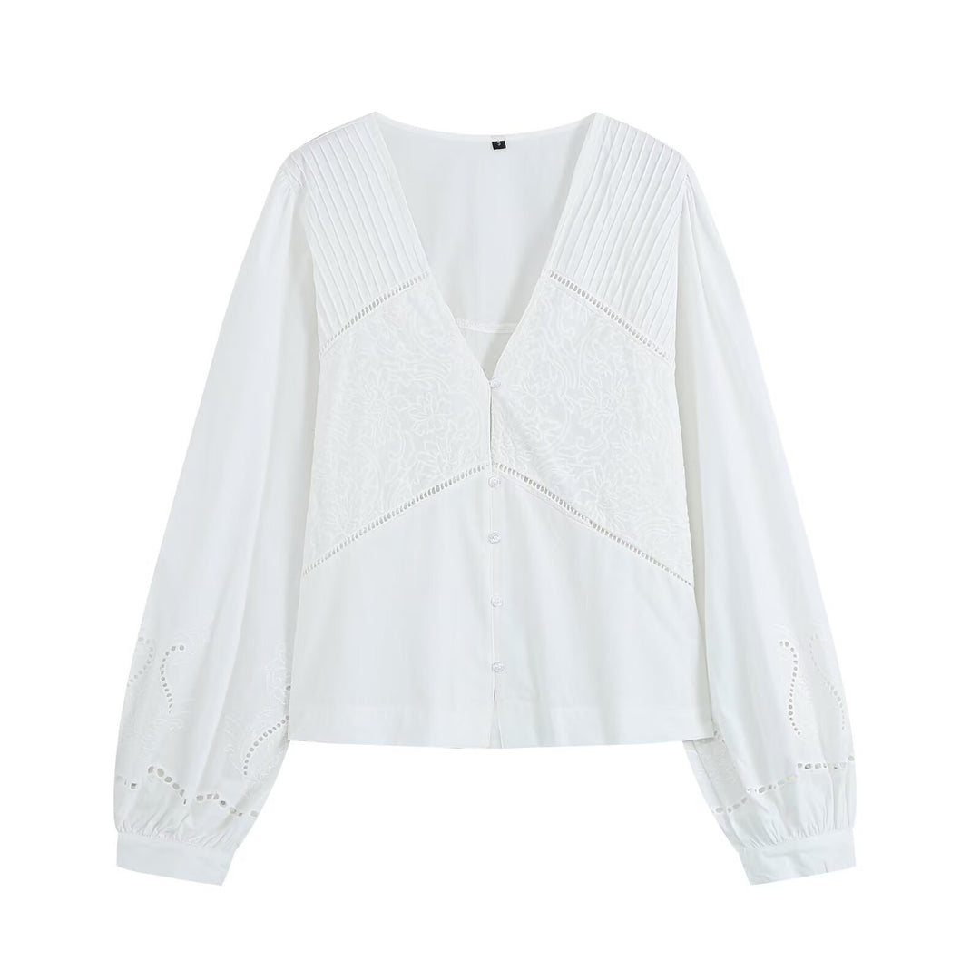Damen Bestickte V‑Ausschnitt Bluse mit Kellerfaltenpasse und Ballonärmeln Drune