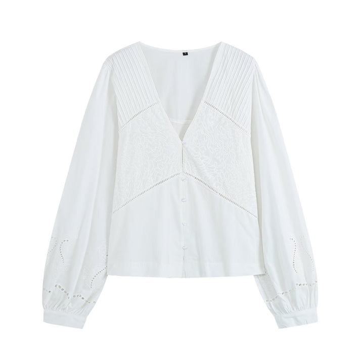 Damen Bestickte V‑Ausschnitt Bluse mit Kellerfaltenpasse und Ballonärmeln Drune
